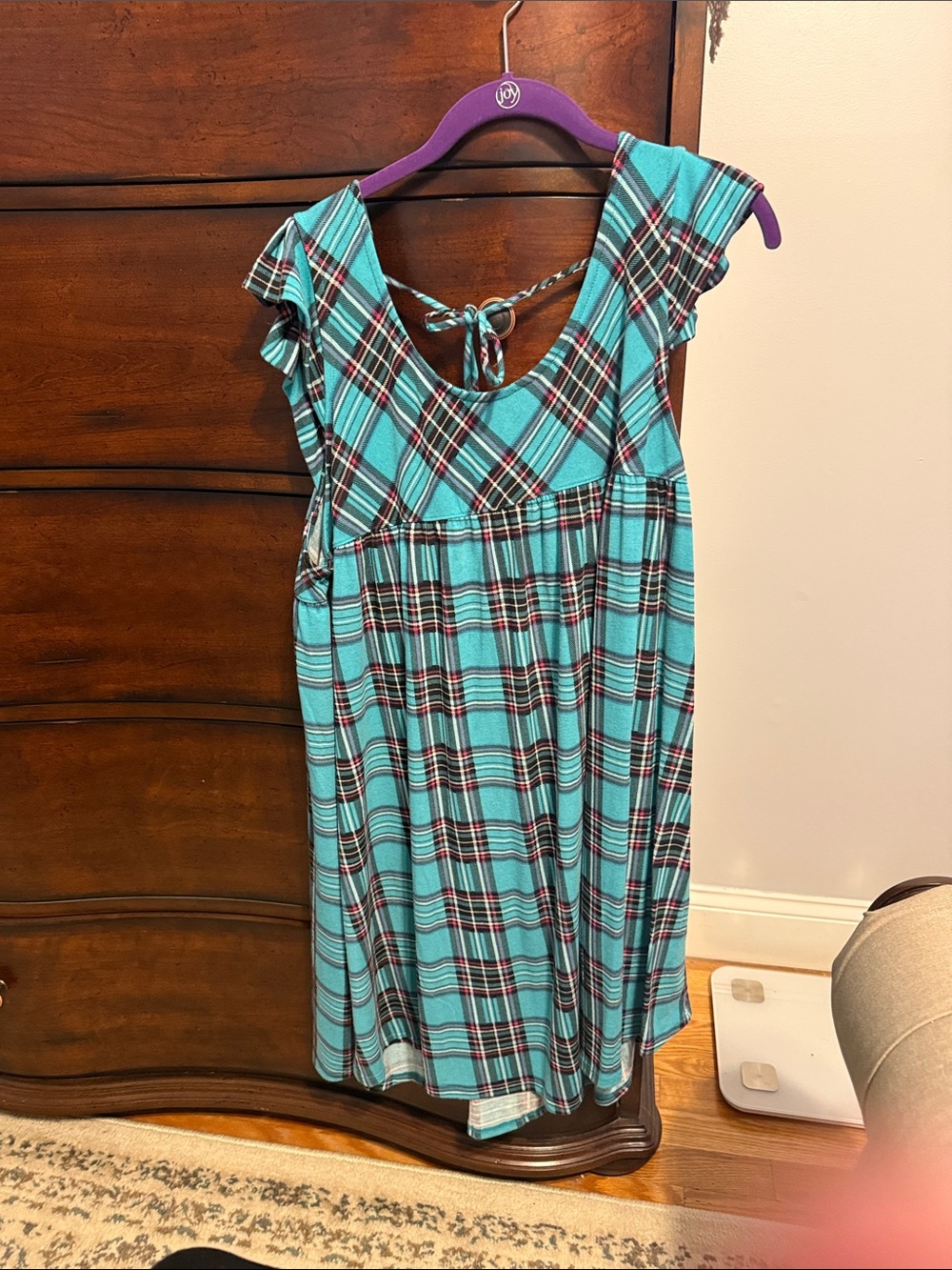 Teal Plaid Tie-Back Dress